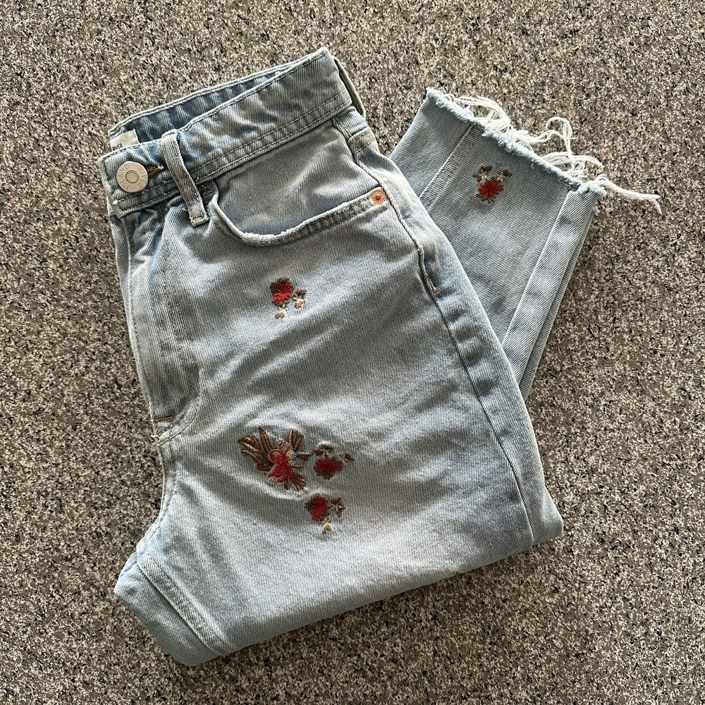 River Island Jeans Womens 2 Long 26x28 High Rise Mom Raw‎ Hem Embroidered UK 6